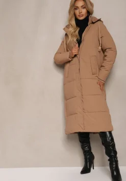 Beżowa Długa Kurtka Pikowana z Odpinanym Kapturem i Rozcięciami na Napy Nissira