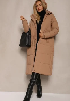 Beżowa Długa Kurtka Pikowana z Odpinanym Kapturem i Rozcięciami na Napy Nissira