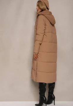 Beżowa Długa Kurtka Pikowana z Odpinanym Kapturem i Rozcięciami na Napy Nissira