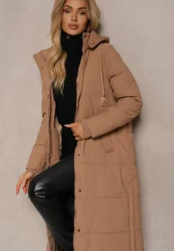 Beżowa Długa Kurtka Pikowana z Odpinanym Kapturem i Rozcięciami na Napy Nissira