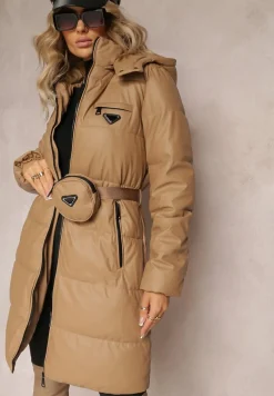 Beżowa Długa Kurtka z Paskiem Płaszcz z Okrągłą Saszetką w Komplecie Nabili