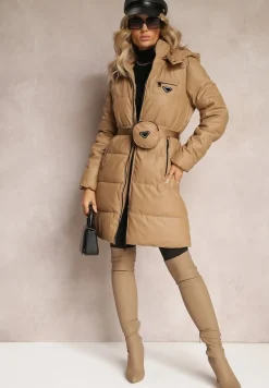 Beżowa Długa Kurtka z Paskiem Płaszcz z Okrągłą Saszetką w Komplecie Nabili