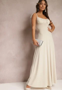 Beżowa Długa Sukienka z Marszczonym Dekoltem i Wiązanymi Ramiączkami Rozvita