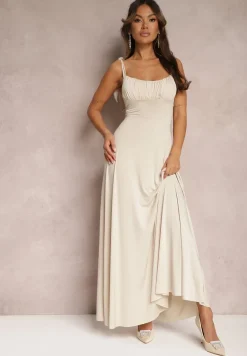 Beżowa Długa Sukienka z Marszczonym Dekoltem i Wiązanymi Ramiączkami Rozvita