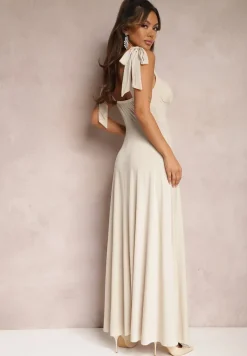Beżowa Długa Sukienka z Marszczonym Dekoltem i Wiązanymi Ramiączkami Rozvita