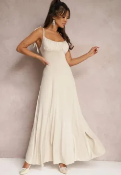 Beżowa Długa Sukienka z Marszczonym Dekoltem i Wiązanymi Ramiączkami Rozvita