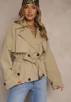 Beżowa Dwurzędowa Kurtka w Stylu Trencza o Krótkim Kroju z Paskiem Stellis