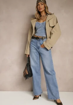 Beżowa Dwurzędowa Kurtka w Stylu Trencza o Krótkim Kroju z Paskiem Stellis