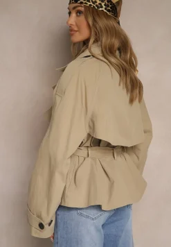 Beżowa Dwurzędowa Kurtka w Stylu Trencza o Krótkim Kroju z Paskiem Stellis