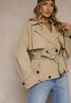 Beżowa Dwurzędowa Kurtka w Stylu Trencza o Krótkim Kroju z Paskiem Stellis