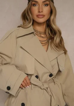 Beżowa Dwurzędowa Kurtka w Stylu Trencza o Krótkim Kroju z Paskiem Stellis