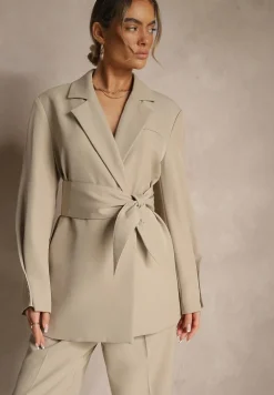 Beżowa Dwurzędowa Marynarka z Geometrycznym Wiązanym Paskiem Lanniva