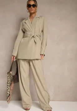 Beżowa Dwurzędowa Marynarka z Geometrycznym Wiązanym Paskiem Lanniva