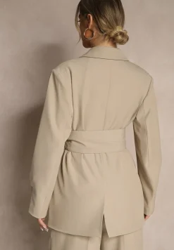 Beżowa Dwurzędowa Marynarka z Geometrycznym Wiązanym Paskiem Lanniva