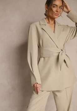 Beżowa Dwurzędowa Marynarka z Geometrycznym Wiązanym Paskiem Lanniva