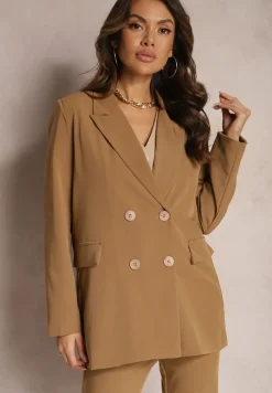 Beżowa Dwurzędowa Marynarka na Guziki z Poduszkami w Ramionach Elennia