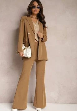 Beżowa Dwurzędowa Marynarka na Guziki z Poduszkami w Ramionach Elennia