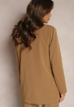 Beżowa Dwurzędowa Marynarka na Guziki z Poduszkami w Ramionach Elennia