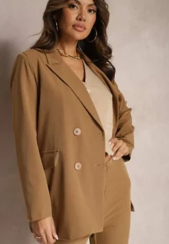 Beżowa Dwurzędowa Marynarka na Guziki z Poduszkami w Ramionach Elennia