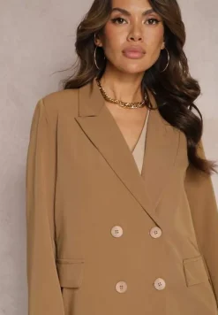 Beżowa Dwurzędowa Marynarka na Guziki z Poduszkami w Ramionach Elennia