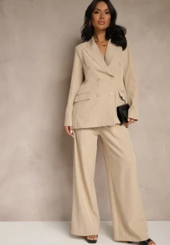Beżowa Dwurzędowa Marynarka z Wiskozą i Usztywnianą Linią Ramion Ellirisa
