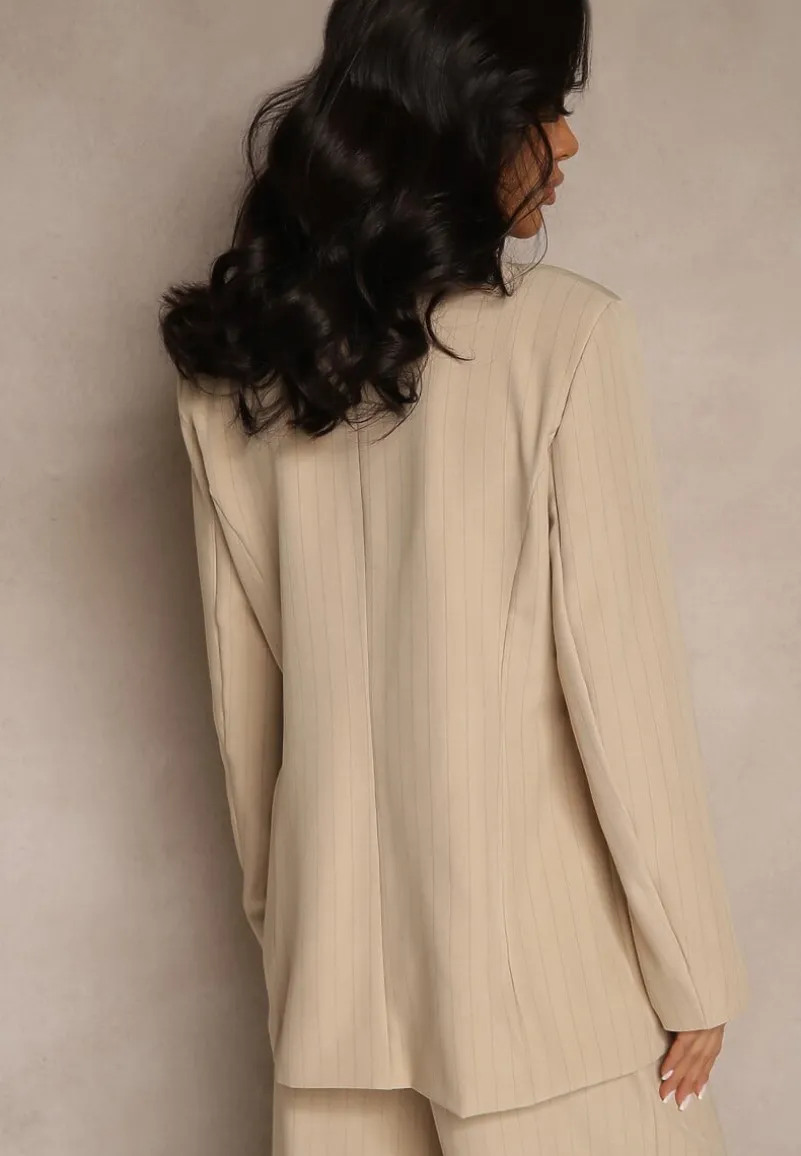 Beżowa Dwurzędowa Marynarka z Wiskozą i Usztywnianą Linią Ramion Ellirisa