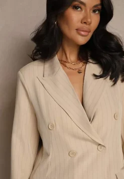 Beżowa Dwurzędowa Marynarka z Wiskozą i Usztywnianą Linią Ramion Ellirisa