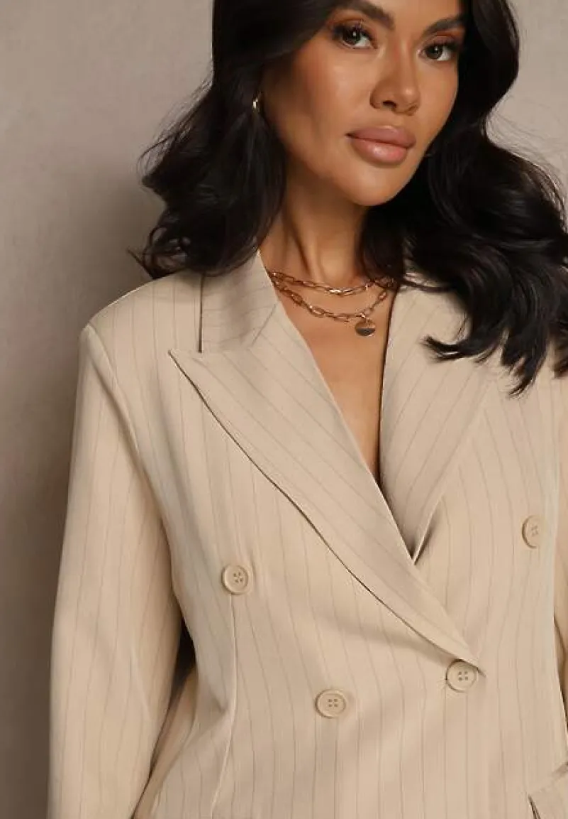 Beżowa Dwurzędowa Marynarka z Wiskozą i Usztywnianą Linią Ramion Ellirisa