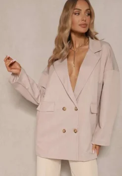 Beżowa Dwurzędowa Marynarka z Wiskozą o Pudełkowym Fasonie Stellirae