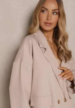 Beżowa Dwurzędowa Marynarka z Wiskozą o Pudełkowym Fasonie Stellirae