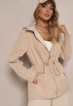 Beżowa Dwustronna Kurtka o Kroju Parki z Kapturem z Możliwością Odpięcia Desitiela