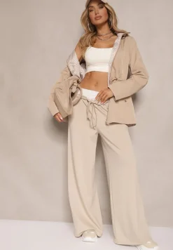 Beżowa Dwustronna Kurtka o Kroju Parki z Kapturem z Możliwością Odpięcia Desitiela