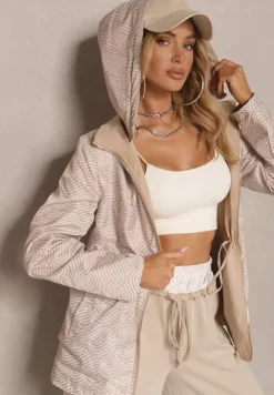 Beżowa Dwustronna Kurtka o Kroju Parki z Kapturem z Możliwością Odpięcia Desitiela