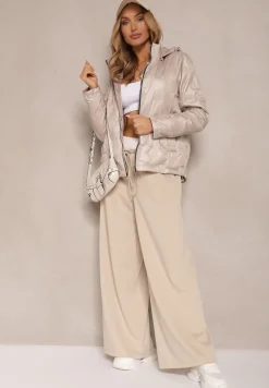 Beżowa Dwustronna Kurtka z Pikowanymi Przeszyciami i Odpinanym Kapturem Zelirelle
