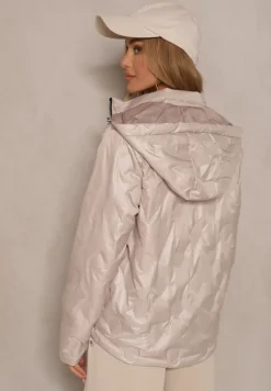 Beżowa Dwustronna Kurtka z Pikowanymi Przeszyciami i Odpinanym Kapturem Zelirelle