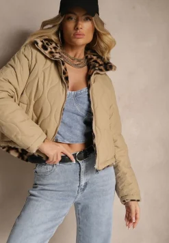 Beżowa Dwustronna Kurtka z Pikowanymi Przeszyciami i Futerkiem w Panterkowy Wzór Cesita