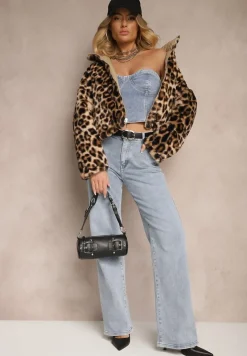 Beżowa Dwustronna Kurtka z Pikowanymi Przeszyciami i Futerkiem w Panterkowy Wzór Cesita