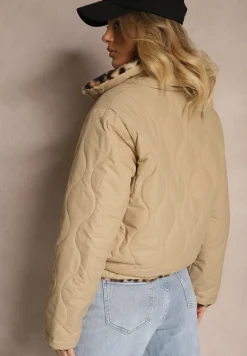 Beżowa Dwustronna Kurtka z Pikowanymi Przeszyciami i Futerkiem w Panterkowy Wzór Cesita