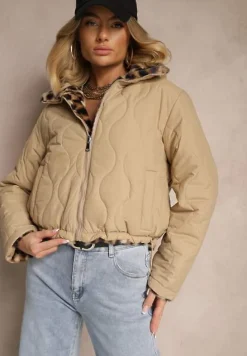 Beżowa Dwustronna Kurtka z Pikowanymi Przeszyciami i Futerkiem w Panterkowy Wzór Cesita