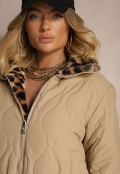 Beżowa Dwustronna Kurtka z Pikowanymi Przeszyciami i Futerkiem w Panterkowy Wzór Cesita