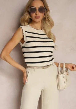 Beżowa Dzianinowa Bluzka Top Ozdobiona Guzikami i Wzorem w Paseczki Xerenas