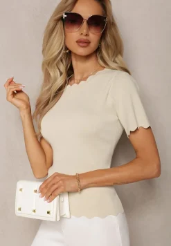 Beżowa Dzianinowa Bluzka z Nieregularnymi Krawędziami Datria