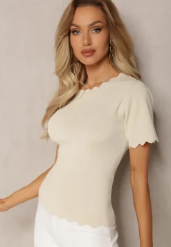 Beżowa Dzianinowa Bluzka z Nieregularnymi Krawędziami Datria