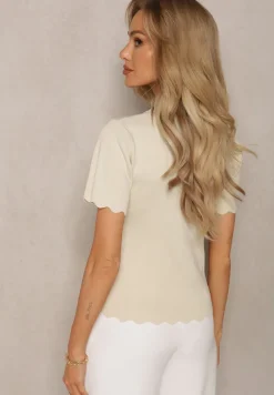 Beżowa Dzianinowa Bluzka z Nieregularnymi Krawędziami Datria