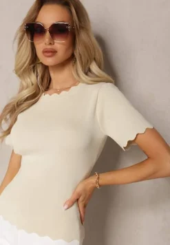 Beżowa Dzianinowa Bluzka z Nieregularnymi Krawędziami Datria