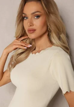 Beżowa Dzianinowa Bluzka z Nieregularnymi Krawędziami Datria