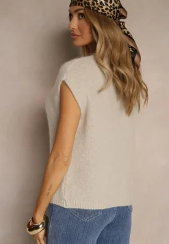 Beżowa Dzianinowa Kamizelka z Moherem z Zapięciem na Guziki Vorlina