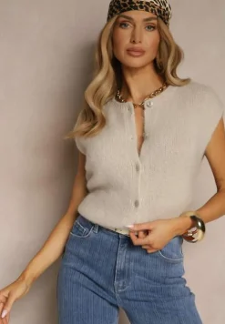 Beżowa Dzianinowa Kamizelka z Moherem z Zapięciem na Guziki Vorlina