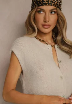 Beżowa Dzianinowa Kamizelka z Moherem z Zapięciem na Guziki Vorlina