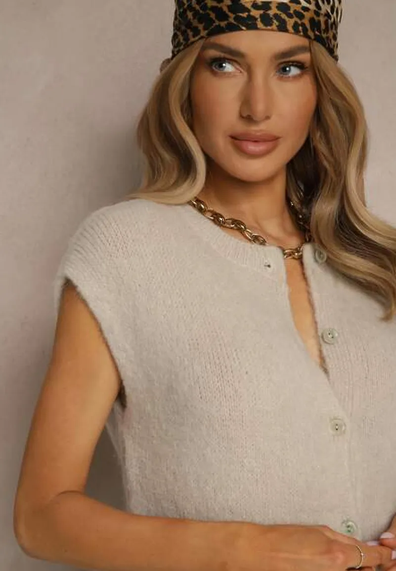 Beżowa Dzianinowa Kamizelka z Moherem z Zapięciem na Guziki Vorlina